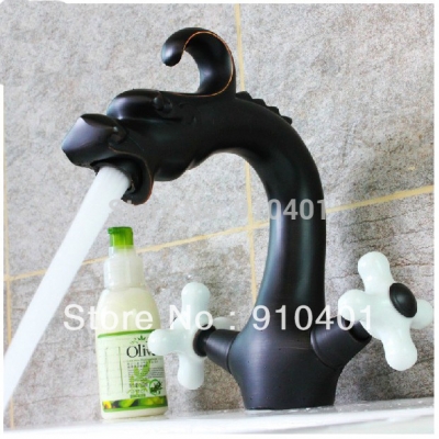 Wholesale And Retail Promotion Luxury Oil Rubbed Bronze Bathroom Animal Dragon Faucet Dual White Handles Mixer