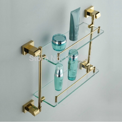 Wholesale And Retail Promotion Modern Square Golden Brass Wall Mounted Bathroom Shelf Dual Tiers Storage Holder