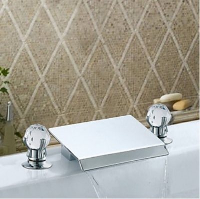 Luxury Waterfall 3pcs Bathroom Deck Mounted Bathtub Faucet Set Basin Mixer Tap w/ 2 Crystal Ball Handles Chrome Finish