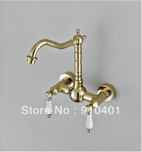 Wholesale And Retail Promotion Golden Wall Mounted Bathroom Basin Faucet Dual Ceramic Handles Sink Mixer Tap