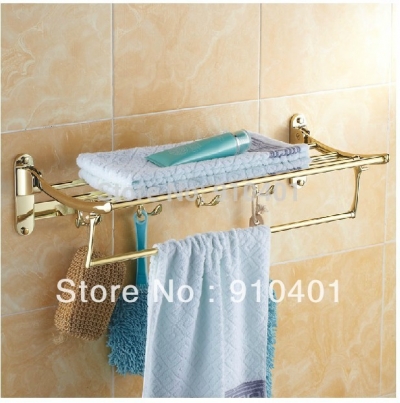 Wholesale And Retail Promotion Luxury Wall Mounted Golden Brass Towel Shelf Towel Rack Holder W/Towel Bra Hooks