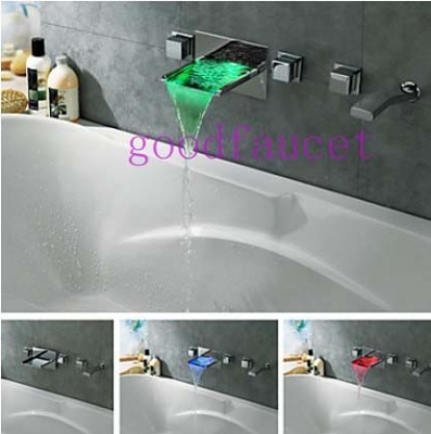 Wholesale And Retail Promotion Wall Mounted LED Waterfall Bathtub Mixer Tap Chrome 3 Handles Faucet Shower Set