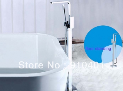Wholesale And Retail Promotion Chrome Square Floor Mounted Bathroom Tub Faucet Shower Mixer Tap W/ Hand Shower