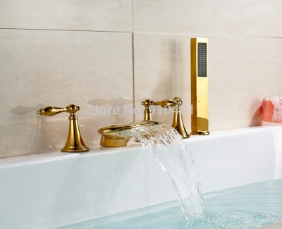 Wholesale And Retail Promotion Widespread Golden Brass Bathroom Tub Mixer Tap Waterfall Spout With Hand Shower