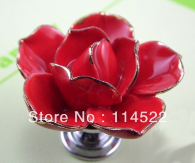 hand made ceramic red rose knobs with silver chrome base flower knob cabinet pull kitchen cupboard knob kids drawer knobs MG-18