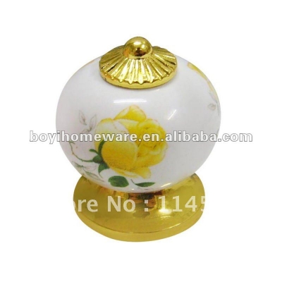 Luxury gold zinc alloy yellow rose ceramic knob wholesale and retail shipping discount 100pcs/lot AL03-BGP
