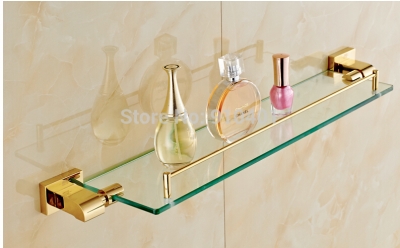 Wholesale And Retail Promotion NEW Bathroom Golden Brass Modern Square Wall Mounted Bathroom Shelf Glass Tier