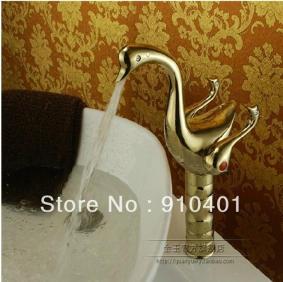 Wholesale And Retail Promotion NEW Luxury Deck Mounted Golden Brass Bathroom Swan Faucet Dual Handles Mixer Tap