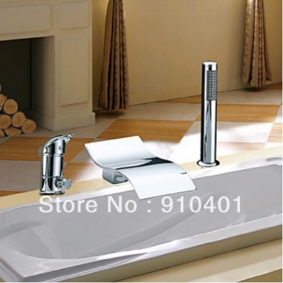 NEW Waterfall Widespread Bathroom Tub Faucet Sink Mixer Tap w/hand Shower Sprayer Deck- Mounted
