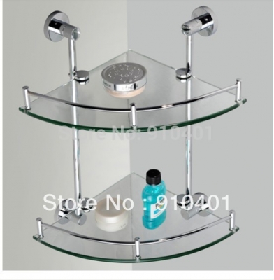 Wholesale And Retail Promotion Fashion Corner Wall Mounted Bathroom Shower Caddy Cosmetic Shelf Dual Glass Tier