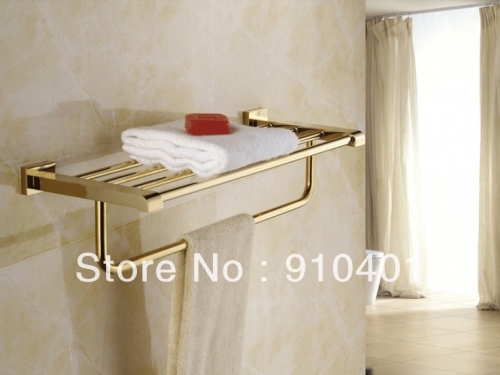 Wholesale And Retail Promotion Luxury Golden Brass Bathroom Shelf Towel Rack Holder With Towel Bar Wall Mounted