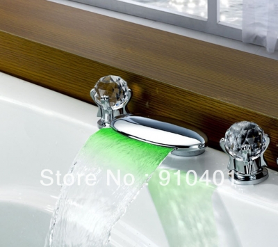 Widespread bathroom waterfall basin faucet dual crystal handles mixer tap 100% brass chrome with LED Light