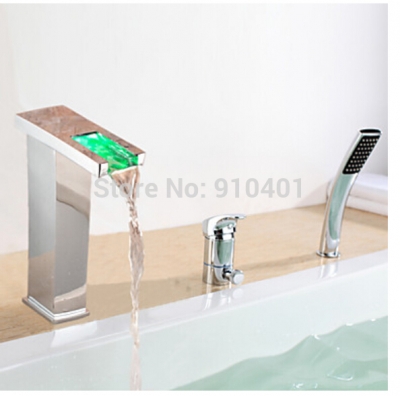 Wholesale And Retail Promotion LED Chrome Brass Waterfall Bathroom Tub Faucet W/ Hand Shower Mixer Tap Diverter