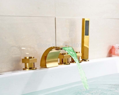 Wholesale And Retail Promotion Luxury Golden Brass Waterfall Bathroom Tub Faucet LED Color Changing Mixer Tap