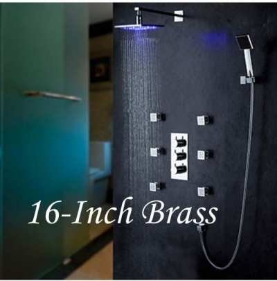 Wholesale And Retail Promotion Rain 16"(40cm) LED Rain Shower Set Faucet 6 Jets Spray Thermostatic Mixer Tap