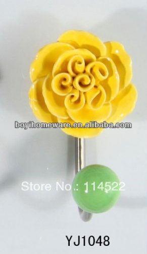 new design single hook with colored ceramic flower and knob ball coat hook coat hanger towel hook wholesale YJ1048