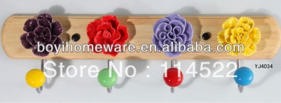 new design wood four hooks with colored ceramic flowers and knobs ball coat rack clothes hanger towel hook wholesale YJ4034