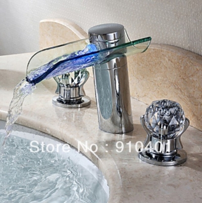 Cheap Wholesale And Retail Promotion LED Color Changing Bathroom Glass Waterfall Spout Faucet Dual Handles Mixer Tap New Style