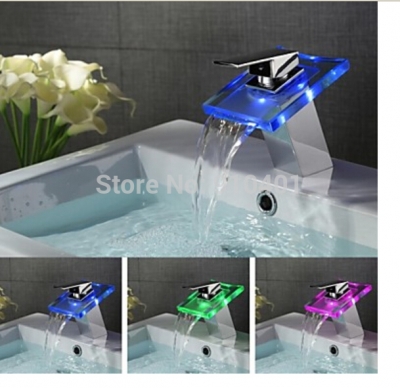 Wholesale And Retail Promotion NEW Deck Mounted LED Waterfall Bathroom Basin Faucet Glass Spout Sink Mixer Tap