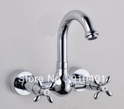 Wholesale And Retail Promotion Wall Mounted Bathroom Faucet Dual Cross Handles Kitchen Sink Mixer Tap Chrome