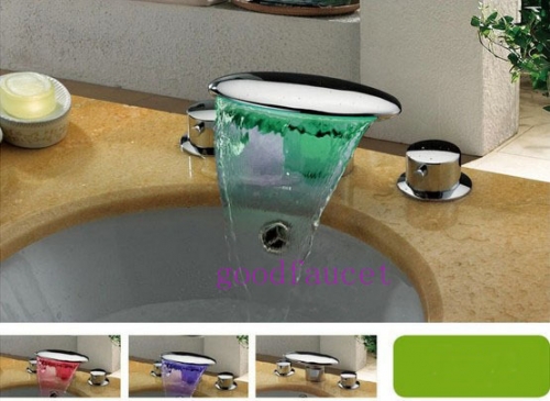 Widespread LED Bathroom Tub Faucet Waterfall Basin Faucet Vessel Sink Mixer Tap 3 Color Changing Dual Handles