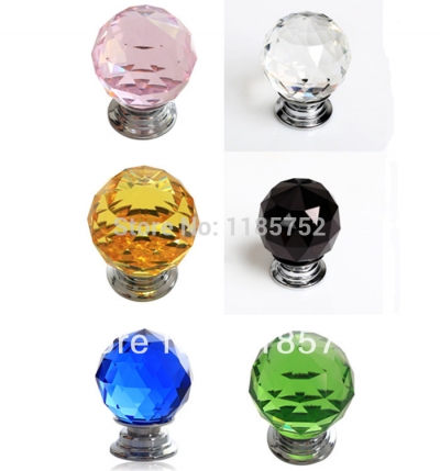 6PCS/LOt Luxury 30mm 6 Colors Glass Crystal Door Pulls Drawer Cabinet Wardrobe Knobs Cupboard Handles Free Shipping