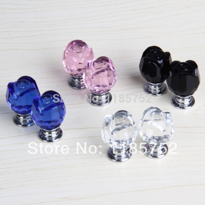 Blue Clear Pink Black 20mm Acrylic Crystal Rose Shaped Door Pulls Drawer Cabinet Wardrobe Knobs Cupboard Handles 20pcs/lot [Knobs-82|]