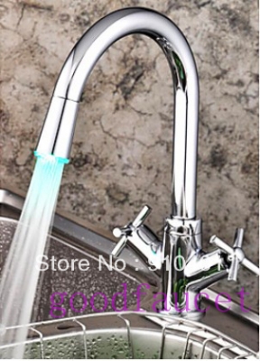 Color Changing LED Light Contemporary Centerset Kitchen Faucet Vessel Sink Mixer Tap Double Cross Handles