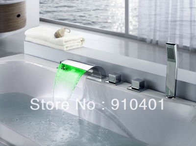 Luxury Waterfall Brass Bathtub Faucet + Handheld Shower Double Square Handle With Color Changing LED Light