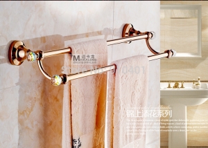 Wholesale And Retail Promotion Bathroom Rose Golden Brass Towel Rack Holder Dual Towel Hangers Crystal Hooks