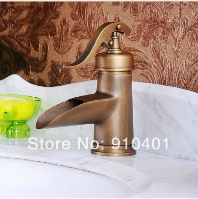 Wholesale And Retail Promotion NEW Deck Mounted Antique Brass Waterfall Faucet Bathroom Vanity Sink Mixer Tap