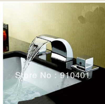 Wholesale And Retail Promotion Polished Chrome Brass Deck Mounted Waterfall Bathroom Faucet Dual Square Handles