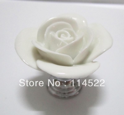hand made ceramic white rose knob with silver chrome base flower knob cabinet pull kitchen cupboard knob kids drawer knobs MG-16