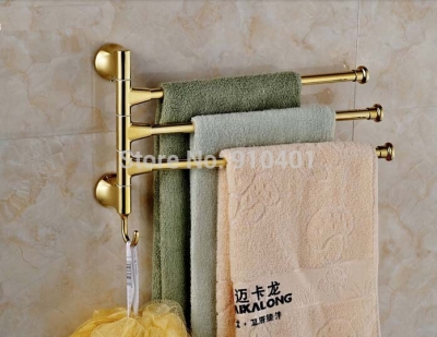 Wholesale And Retail Promotion Golden Brass Bathroom Solid Brass Towel Rack Holder Swivel Towel Bar W/ Hooks