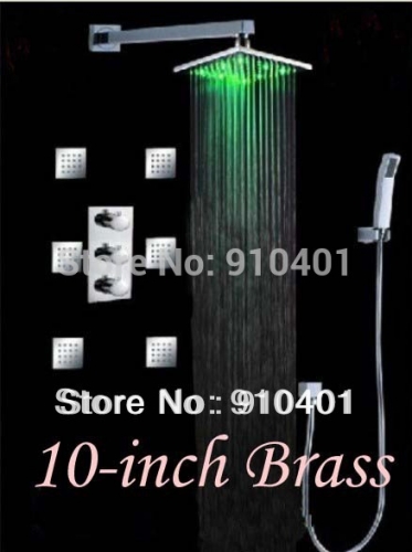 Wholesale And Retail Promotion LED Color Thermostatic 10" Square Rain Shower Faucet W/ Body Jets Sprayer Mixer