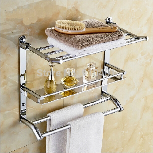 Wholesale And Retail Promotion Modern Chrome Brass Luxury Bathroom Shelf Towel Rack Holder With Dual Towel Bars
