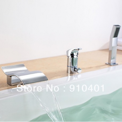Luxury Chrome Finish Brass Bathroom 3pcs Waterfall Bathtub Faucet Hand Shower Spray Mixer Tap Deck Mounted