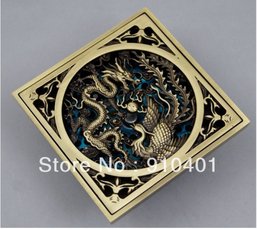 Wholesale And Retail Promotiom NEW Antique Brass Dragon Carved Art Floor Drain Bathroom Ground Overflow Fitting