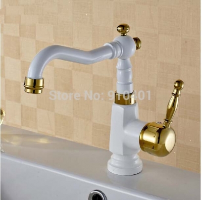 Wholesale And Retail Promotion Deck Mounted White Painting Golden Brass Bathroom Faucet Swivel Spout Mixer Tap