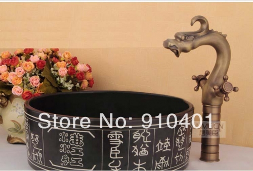 Wholesale And Retail Promotion Luxury Antique Brass Bathroom Animal Dragon Faucet Tall Sink Mixer Tap 2 Handles
