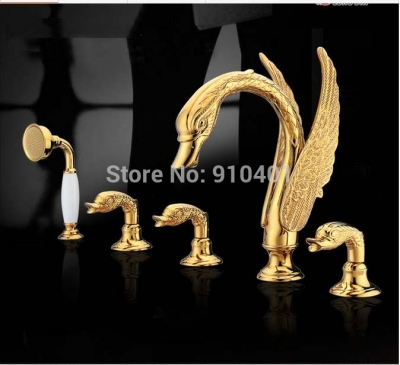 Wholesale And Retail Promotion Luxury Golden Brass Bathroom Tub Faucet Widespread Swan Sink Mixer Tap Hand Unit