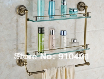Wholesale Promotion Antique Brass Wall Mounted Two Tiers Bathroom Shelf Glass Tier With Towel Bar