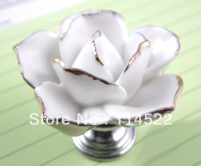 hand made ceramic white rose knob with silver chrome base flower knob cabinet pull kitchen cupboard knob kids drawer knobs MG-18