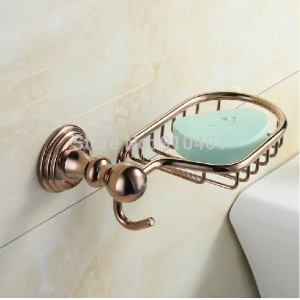 Wholesale And Retail Promotion Modern Rose Golden Bathroom Wall Mounted Soap Dish Holder With Hooks Soap Basket