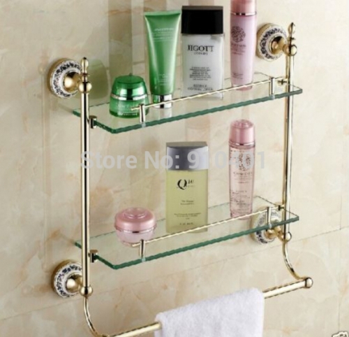 Wholesale And Retail Promotion NEW Golden Bathroom Shelf Dual Glass Tiers W/ Towel Bar Cosmetic Storage Holder