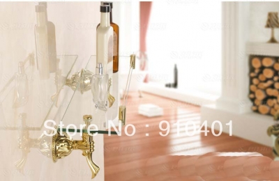 Wholesale And Retail Promotion NEW Golden Brass Bathroom Shower Caddy Cosmetic Shelf Glass Tier Flower Carved