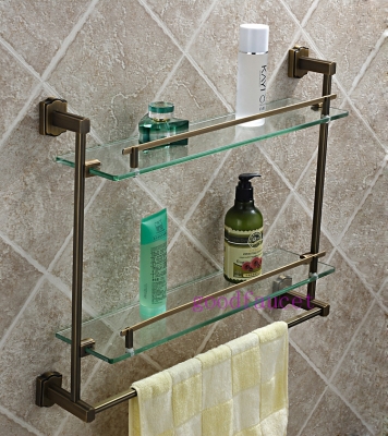 Wall mounted antique bronze bathroom shelf brass made base + glass shelf dual tier bathroom accessaries