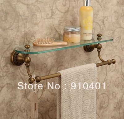Wholesale / Retail Promotion Bathroom Antique Brass Glass Cosmetic Commodity Shelf Towel Rack Holder W/ Bar