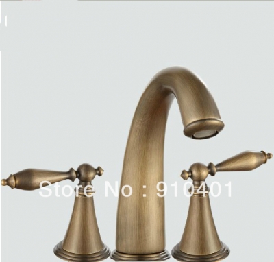 Wholesale And Retail Promotion Antique Bronze Deck Mounted Widespread Bathroom Basin Faucet Dual Handle Mixer [Antique Brass Faucet-287|]