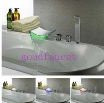Wholesale And Retail Promotion NEW Deck Mounted Chrome Brass LED Bath Waterfall Tub Faucet W/ Handheld Shower